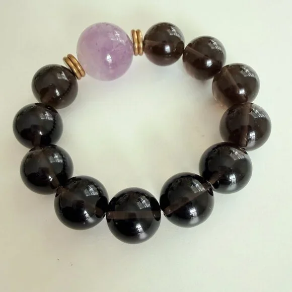 Large Unisex Smoky Quartz & Amethyst Statement Bracelet - 21mm - Picture 7 of 7